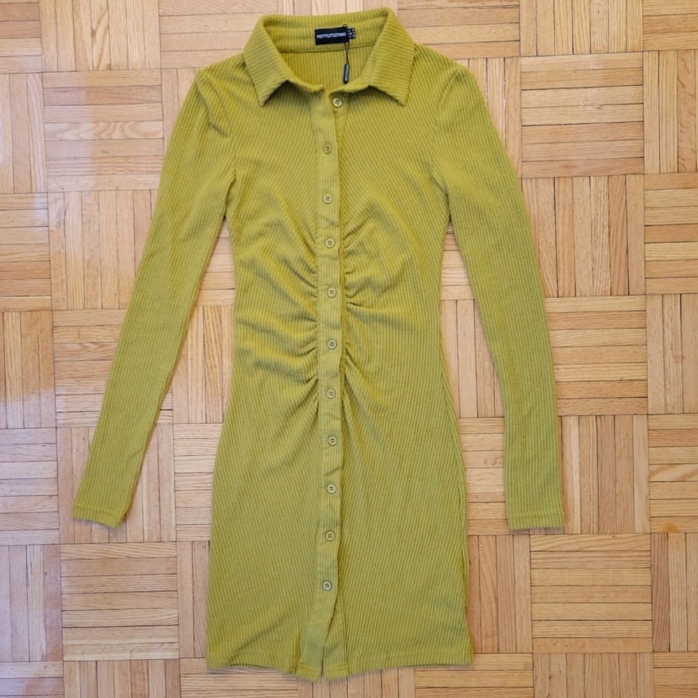 PLT Chartreuse Rib Long Sleeve Ruched Shirt Dress